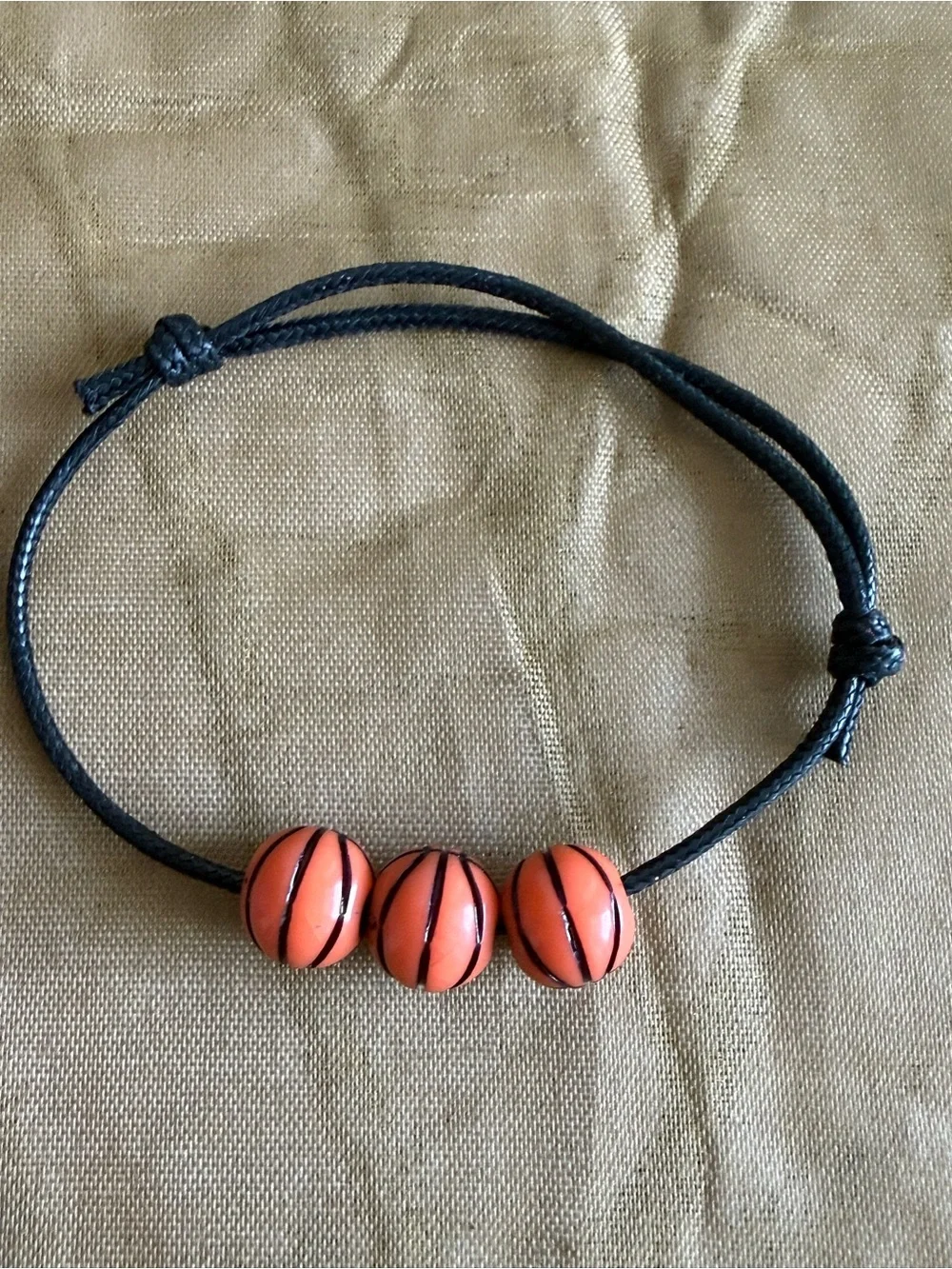Kids Adjustable Black Cord Bracelet with Orange Basketball Beads